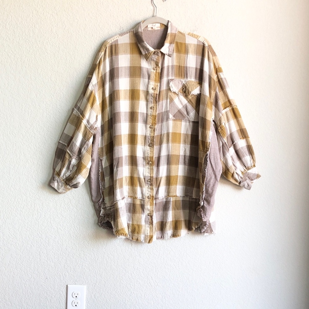 Easel Los Angeles Plaid Oversized Distressed Button Front Shirt Long Sleeve